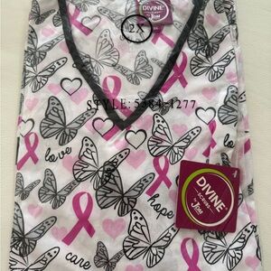 DIVINE Scrubs Pink Ribbon Butterfly V-Neck Top